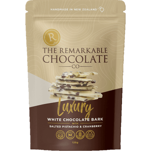 The Remarkable Chocolate Co White Chocolate Bark with Salted Pistachio & Cranberry