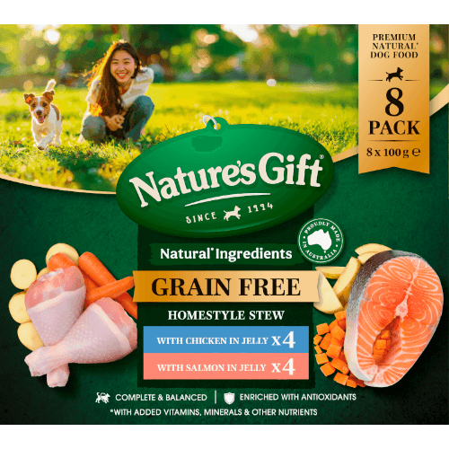 Nature's Gift Grain Free Homestyle Stew Chicken or Salmon in Jelly Wet Dog Food