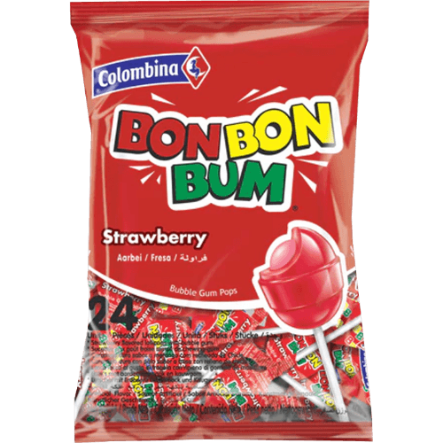 Colombina Bon Bon Bum Strawberry with Bubble Gum Lollipops