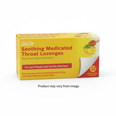Health Direct Soothing Medicated Throat Lozenges Honey & Lemon – Double Antibacterial Action, 32 Pack