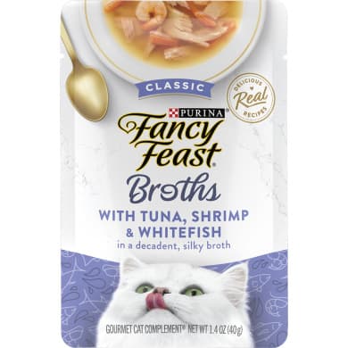 Fancy Feast Broths Gourmet Cat Complement: Tuna, Shrimp & Whitefish in Silky Broth, 1.4 oz (40 g) Single-Serve Pouch