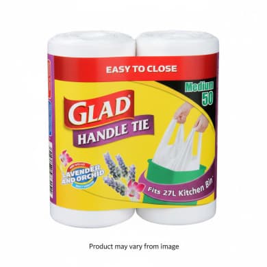 Glad Handle Tie Lavender & Orchid Medium Kitchen Tidy Bags, 50 Pack (Fits 27L)
