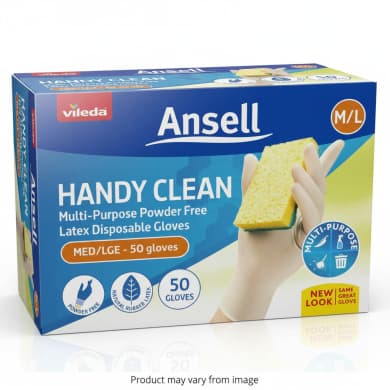 Vileda Ansell Handy Clean Powder-Free Latex Disposable Gloves M/L (50 Pack)