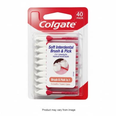 Colgate Soft Interdental Brush & Pick 2-in-1, 40 Pack (Includes Travel Case)