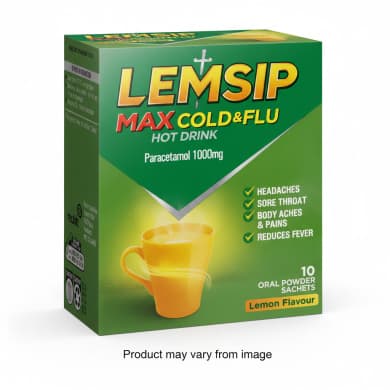 Lemsip Max Cold & Flu Lemon Hot Drink Sachets (Paracetamol 1000mg) — 10 Pack