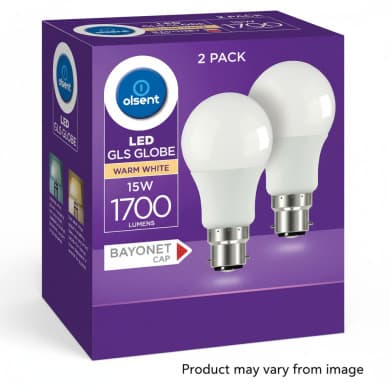 olsent LED GLS Globe Bulbs 15W 1700 Lumens Warm White (2700K) B22d Bayonet – Non-Dimmable, 2 Pack