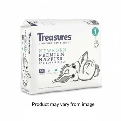 Treasures Comfort Dry & Snug Newborn Premium Nappies Stage 1 (Up to 5kg) - 54 Pack