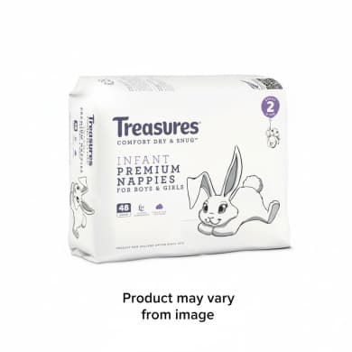 Treasures Comfort Dry & Snug Infant Premium Nappies (Stage 2, 4–7kg) – 48 Pack