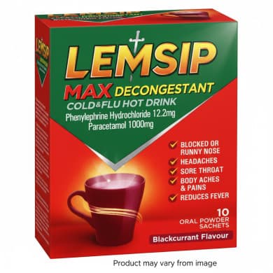 Lemsip Max Decongestant Cold & Flu Hot Drink Sachets (Blackcurrant) – 10 Pack