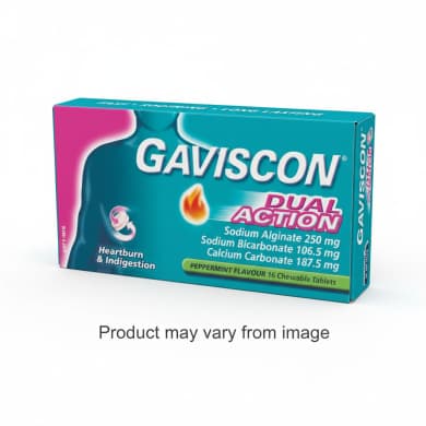 Gaviscon Dual Action Peppermint Heartburn & Indigestion Relief Chewable Tablets (16 Pack)