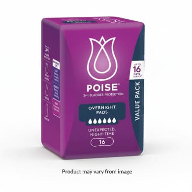 Poise Overnight Pads Value Pack (16) – Heavy Absorbency for Unexpected Night-Time Leaks