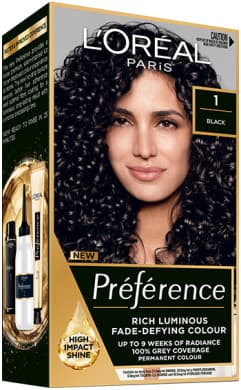 L'Oréal Paris Préférence Hair Colour Kit — Shade 1 Black (Permanent, 100% Grey Coverage)