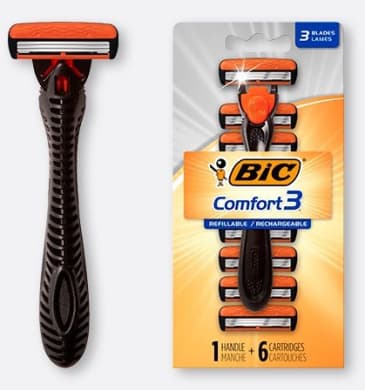 BIC Comfort3 Refillable 3-Blade Razor + 6 Replacement Cartridges (1 Handle)
