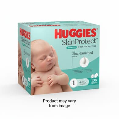 Huggies SkinProtect Newborn Premium Nappies Size 1 (Up to 5kg) – 108 Pack