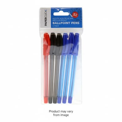 PaperClick Ballpoint Pens 6 Pack (Red / Black / Blue, Medium Point)
