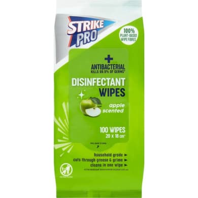 Strike Pro Antibacterial Disinfectant Wipes Apple Scented, 100 Pack (20 x 18cm)