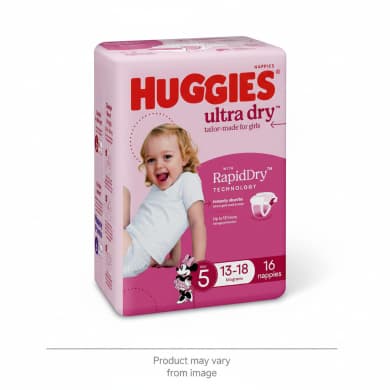 Huggies Ultra Dry Girls Nappies Size 5 (13–18kg) – 16 Pack