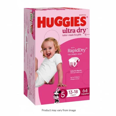 Huggies Ultra Dry Nappies for Girls Size 5 (13–18kg) – 64 Pack