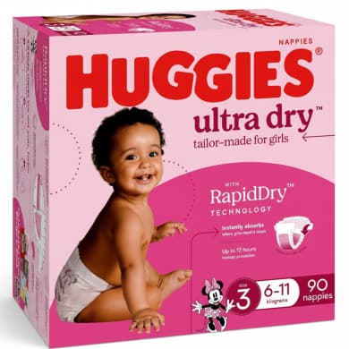 Huggies Ultra Dry Nappies for Girls Size 3 (6-11kg) - 90 Pack