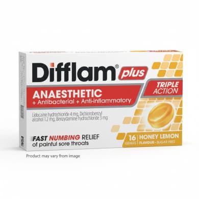 Difflam Plus Anaesthetic Sore Throat Lozenges, Honey Lemon (Sugar Free) – Triple Action, 16 Lozenges
