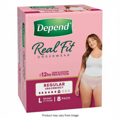 Depend Real Fit Underwear Incontinence Pants for Women, Regular Absorbency, Large (77–117kg) — 8 Pack
