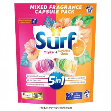 Surf 5-in-1 Laundry Capsules Mixed Fragrance – Tropical + Sunshine Citrus, 45 Pack