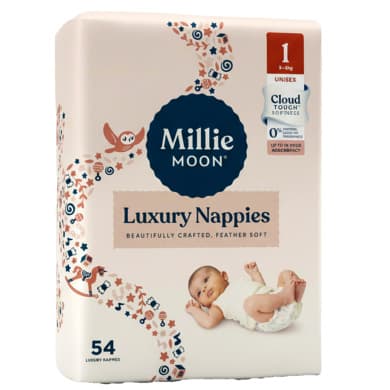 Millie Moon Luxury Nappies Size 1 (Newborn) Up to 5kg Unisex, 54 Pack