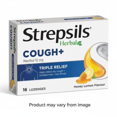 Strepsils Herbal Cough+ Lozenges Honey & Lemon, Menthol 10mg (16 Pack)