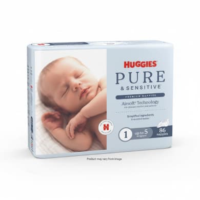 Huggies Pure & Sensitive Premium Newborn Nappies Size 1 (Up to 5kg) – 86 Pack