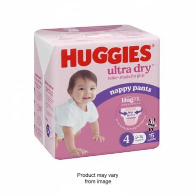 Huggies Ultra Dry Nappy Pants for Girls Size 4 (9–14kg) – 15 Pack