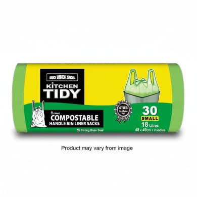 Kitchen Tidy Compostable Tie-Top Handle Bin Liners, Small 18L (48 x 49cm + Handles) – 30 Pack