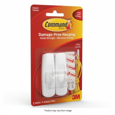 Command Damage-Free Utility Hooks – Medium (2 Hooks, 4 Adhesive Strips) | Holds 1.3 kg
