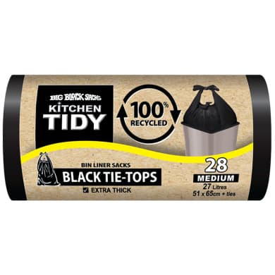Big Black Sacks Kitchen Tidy Medium Black Tie-Top Bin Liners 28 Pack (27L, 51 x 65cm + Ties)