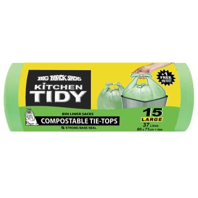 Big Black Sacks Kitchen Tidy Compostable Bin Liners 37L Tie-Top 15 Pack (60 x 71cm + Ties)
