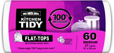 big black sacks Kitchen Tidy Flat-Top Bin Liners 60 Pack, Medium 27L (51 x 65 cm), Soapy Fresh, 100% Recycled