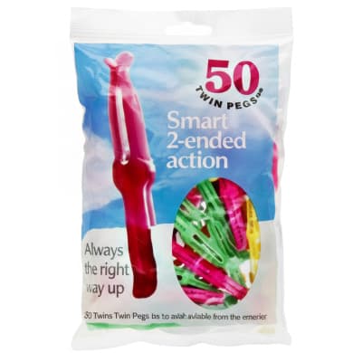 Twin Smart 2-Ended Action Clothes Pegs 50-Pack (Assorted Colours)