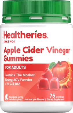 Healtheries Apple Cider Vinegar Gummies for Adults - “The Mother” 500mg ACV Powder + Vitamins C & B12, Juicy Apple Flavour (75 Gummies)