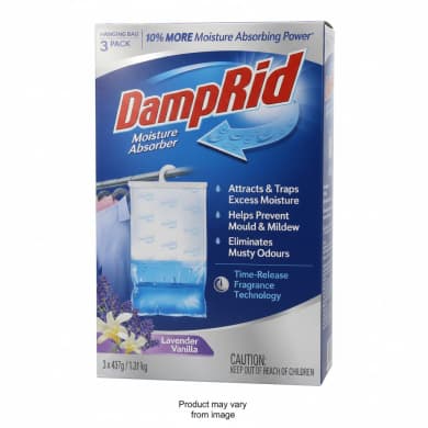 DampRid Lavender Vanilla Hanging Moisture Absorber, 3-Pack (10% More Moisture Absorbing Power) – 3 x 437g