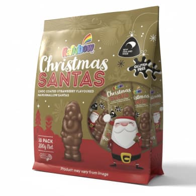 Rainbow Christmas Santas Choc Coated Strawberry Flavoured Marshmallow Santas