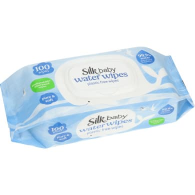 Silk Baby Water Wipes 100pk (99.9% Water) - Plastic-Free, Biodegradable