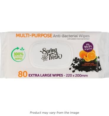 Spring Fresh Orange & Charcoal Extra Large Anti-Bacterial Wipes (80 Pack)