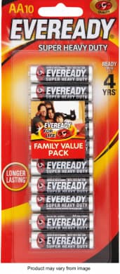 Eveready Super Heavy Duty AA Batteries 10 Pack (Family Value) - 1.5V Carbon Zinc, Ready to Use