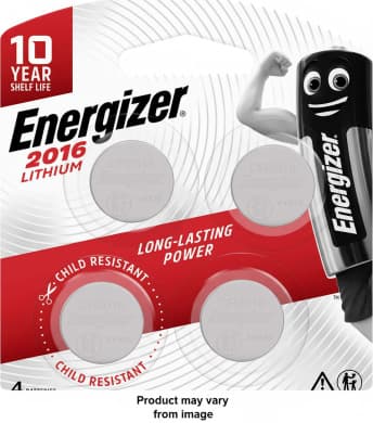 Energizer CR2016 3V Lithium Coin Batteries – 4-Pack (Child-Resistant, 10-Year Shelf Life)