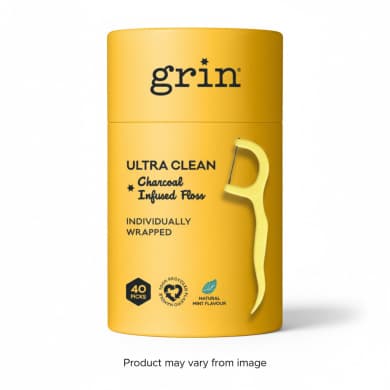 Grin Ultra Clean Charcoal-Infused Floss Picks with Natural Mint Flavour (40 Pack)