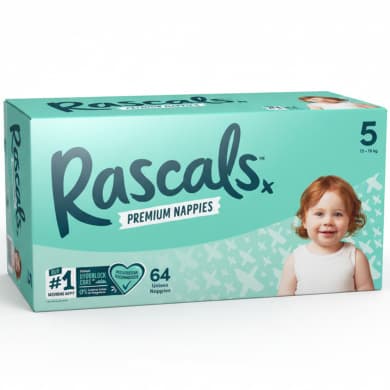 Rascals Premium Nappies Size 5 (13–18 kg) — Unisex 64 Pack