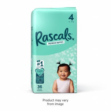 Rascals Premium Nappies HydroLock Core™ Size 4 (10–15kg) Unisex – 36 Pack