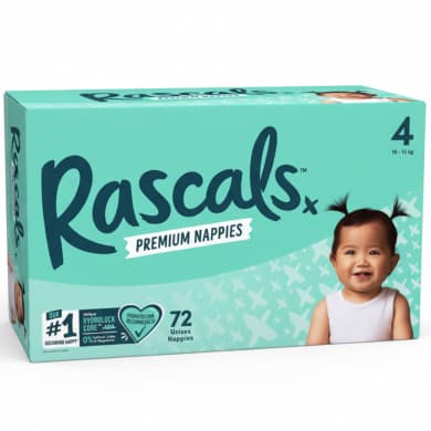 Rascals Premium Nappies Hydrolock Core™ Size 4 (10–15 kg) Unisex – 72 Pack