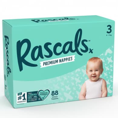 Rascals Premium Nappies Size 3 (6–11kg) – Unisex 88 Pack