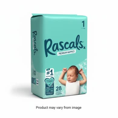 Rascals Premium Nappies Size 1 (3–5 kg) Unisex – 28 Pack