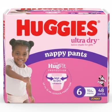 Huggies Ultra Dry Nappy Pants Size 6 (15kg+) Girls, 48 Pack